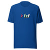 Blue t-shirt with colorful text design on a white background