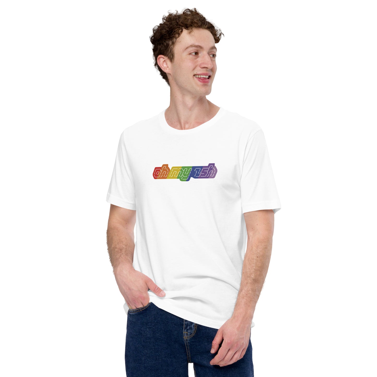 Oh My Zsh ASCII shirt (rainbow on white)